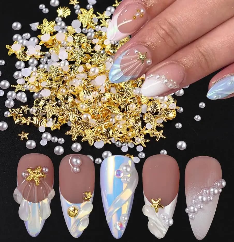 200 pezzi di ciondoli per unghie a tema oceano e pietre preziose, stelle marine, conchiglie, strass con disegni di perle, nail art, vacanze al mare, accesso alle unghie