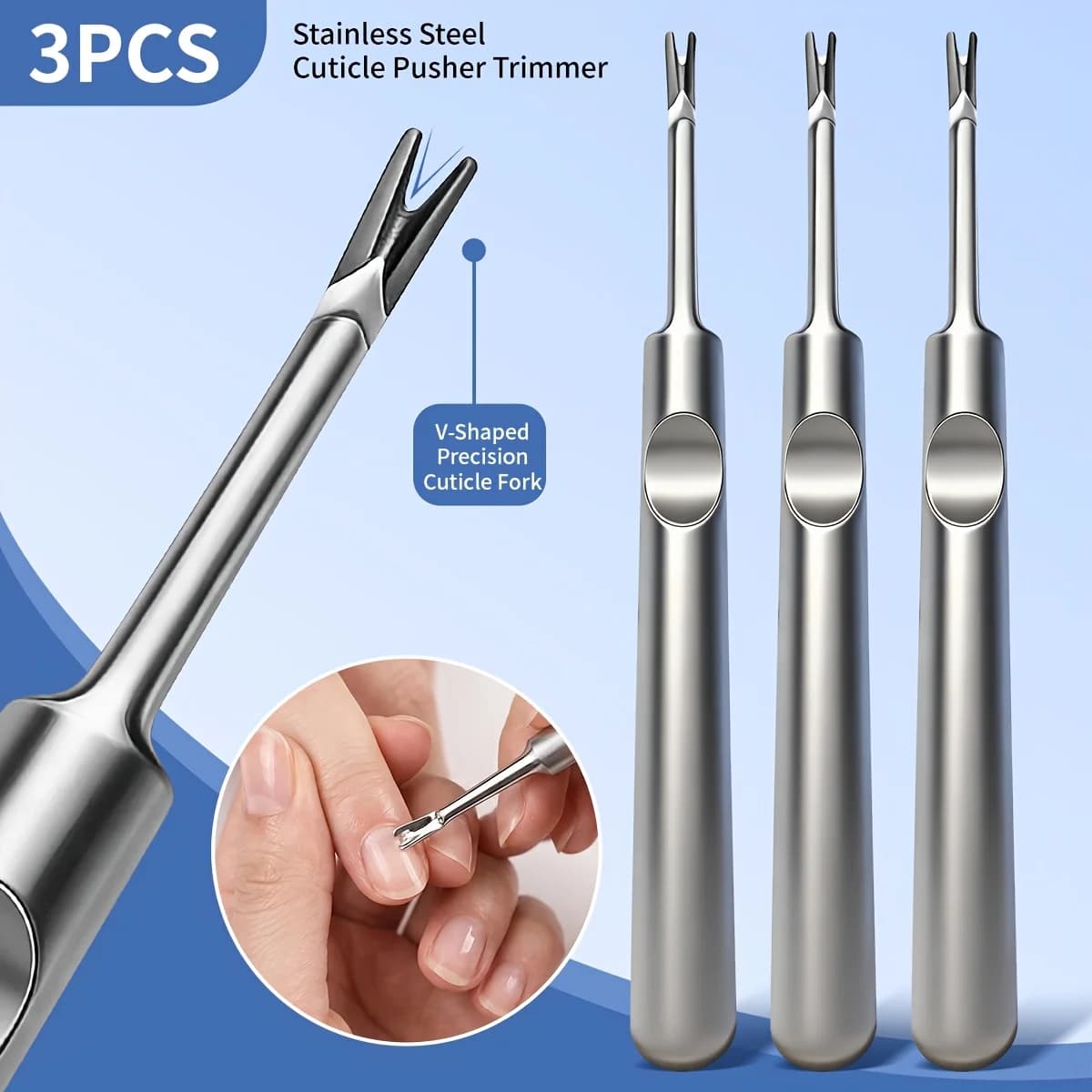 Set di 3 Spingicuticole a Forma di V in Acciaio Inossidabile, Strumento Professionale per Manicure per Bordi delle Unghie