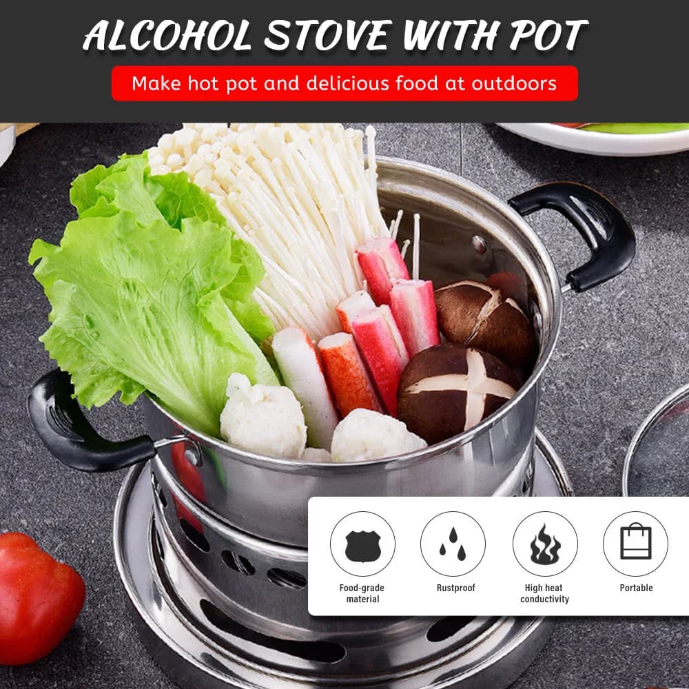 Stainless Steel Alcohol Stove with Pot, Anti-rust Portable Burner and Anti-corrosion for Kitchen, Barbecue, Camping, Hiking, Picnic