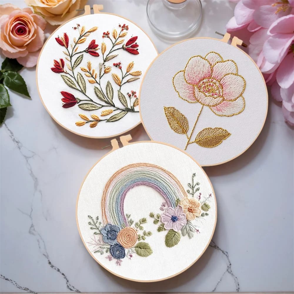 Kit punto croce MomoArt, ricamo a mano fai da te con telaio, motivo rosa, arcobaleno, adatto per principianti, decorazione per la casa