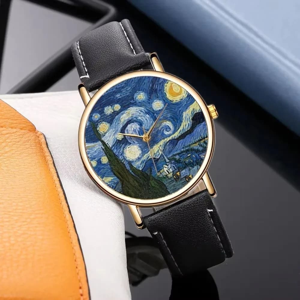 Orologi al quarzo casual da donna con cinturino in pelle, orologi con pittura impressionista, orologio da polso elegante da donna