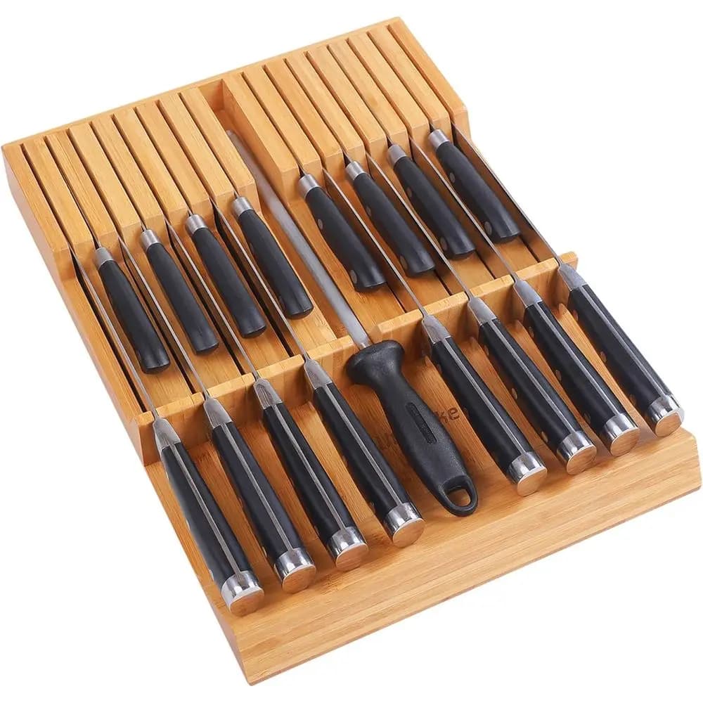 Large Bamboo Kitchen Organizer, handle Steak Holder without Knives, 16 Knives and 1 Chopping Steel (Knives & Chopping Steel Not