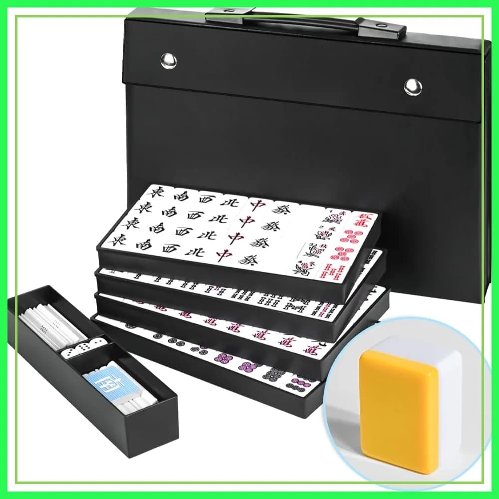 Set Mahjong Giapponese Riichi, 144 Tessere Bianche e Gialle, Scatola Nera, Bastoncini per Punteggio, Dadi