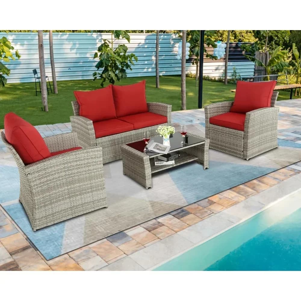 Per mobili da giardino Set da 4 pezzi, sedia in rattan Set di mobili da giardino in vimini per esterni Patio, sedia con cuscini, mobili da giardino