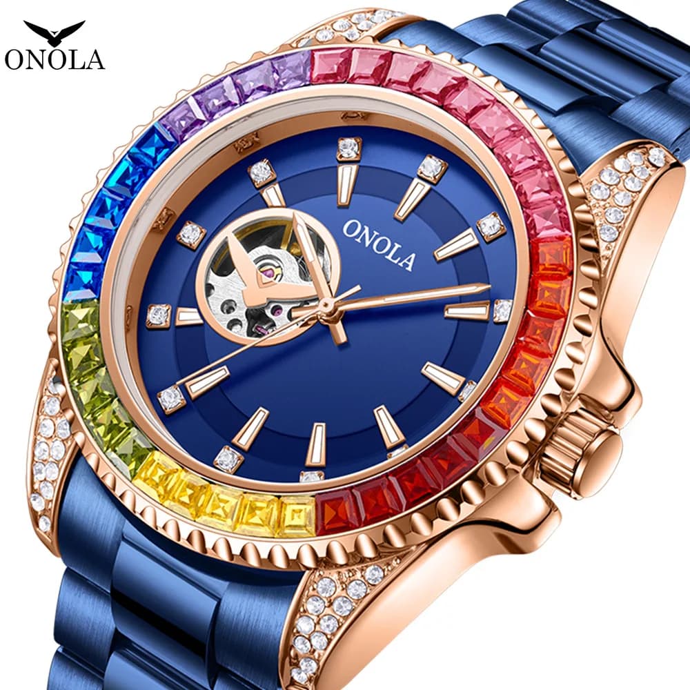 New Fashion Men Automatic Mechanical Watch Luxury Colored Diamond Hollow Watches Stainless Steel Classic Skeleton Wristwatch Men