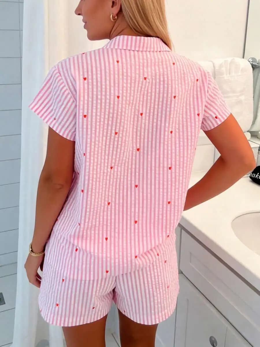 Womens Pink Striped Heart Print Pajama Set With Elastic Waist Shorts For Spring Summer Autumn