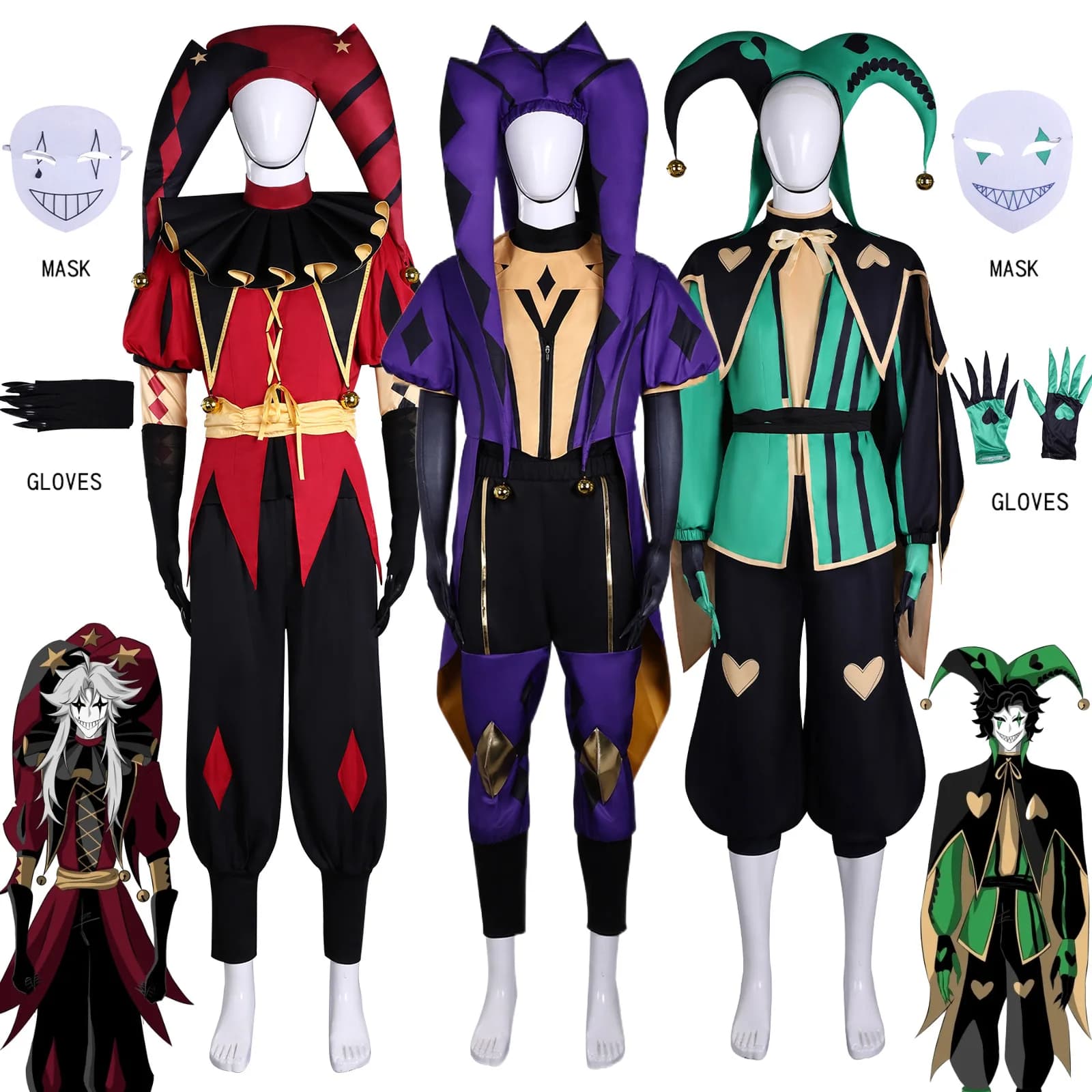 The Freak Circus Pierrot Jester Harlequin Cosplay Costume Clown Coat Hat Shawl Joker Uniform Halloween Carnival Pierrot Props