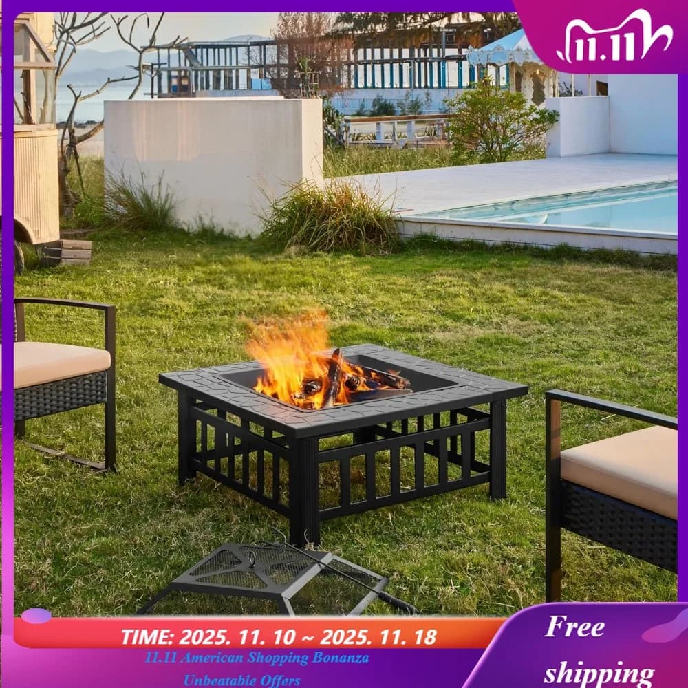 Multifunctional Braciere Table 32 Inches Metal Square, Courtyard Stove, Patio, Garden, Customizable Camping Fireplace