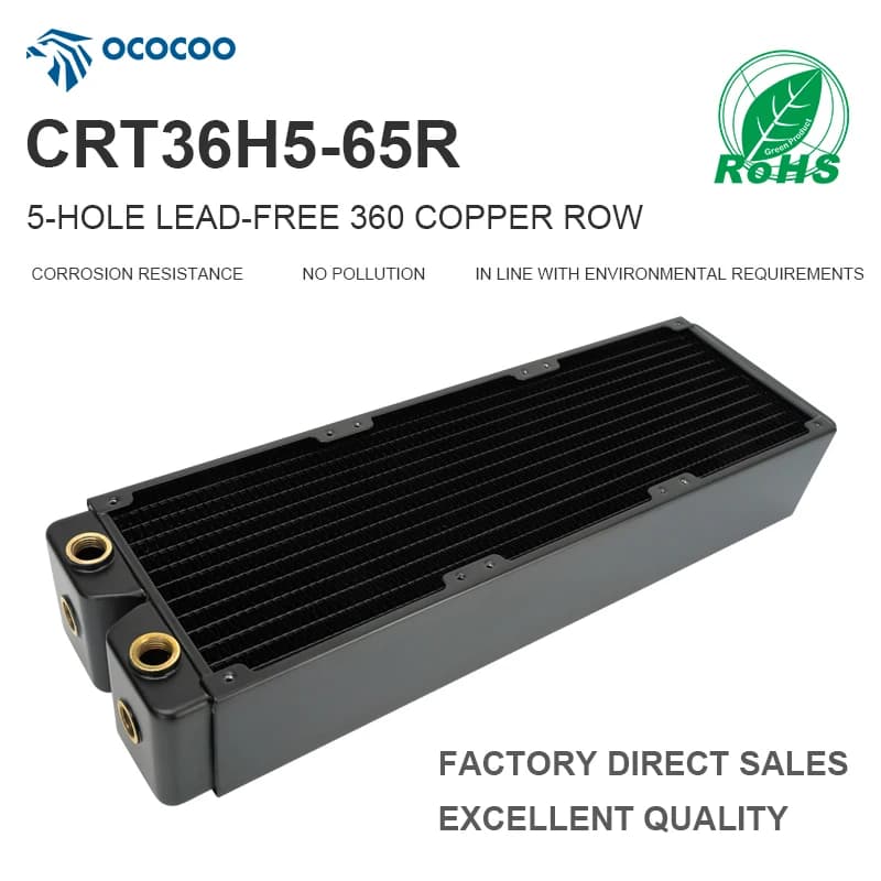OCOCOO 65mm Thick Copper 360mm 5-Hole G1/4 Water Cooling Radiator 3D Printer Voron DIY Liquid Heat Sink 12 Waterways CRT36H5-65R