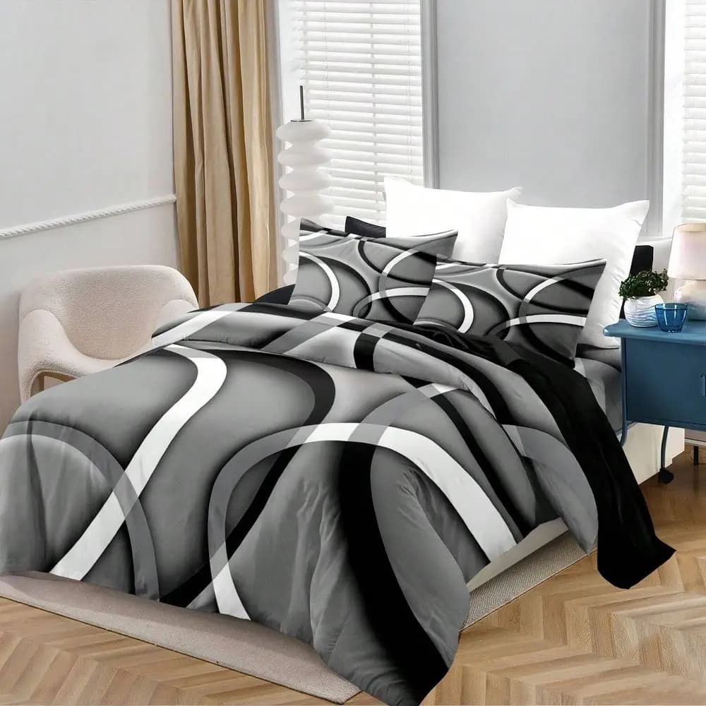 Set of geometric bed linen with black, white and gray spirals, soft duvet cover set with modern abstract print