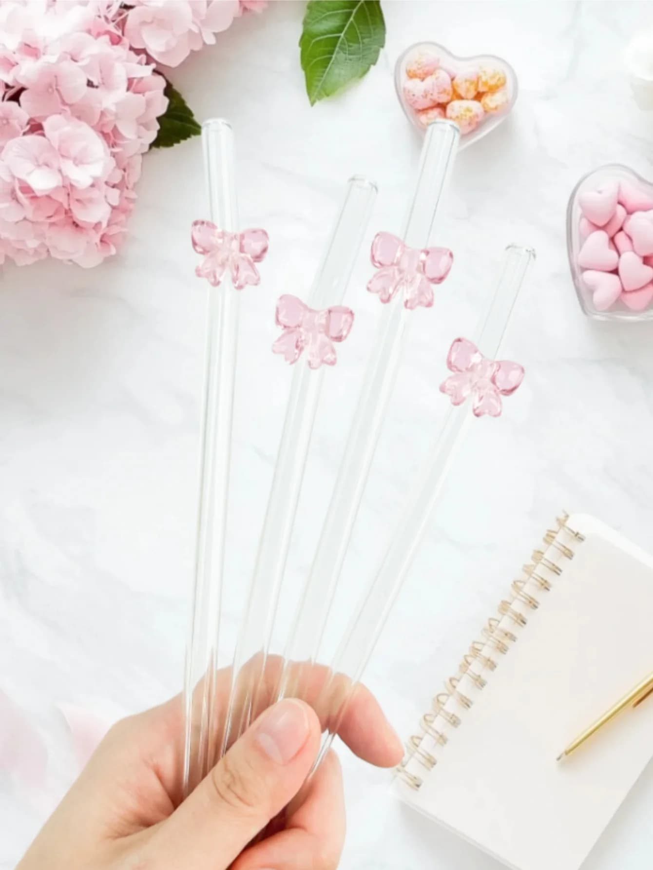 1/6PCS Cute Cartoon Pink Bowknot Glass Straw,Bent Reusable Glass Straw, Smoothie,Milk,Tea,Juice,Cocktail And Cold Drink,friend