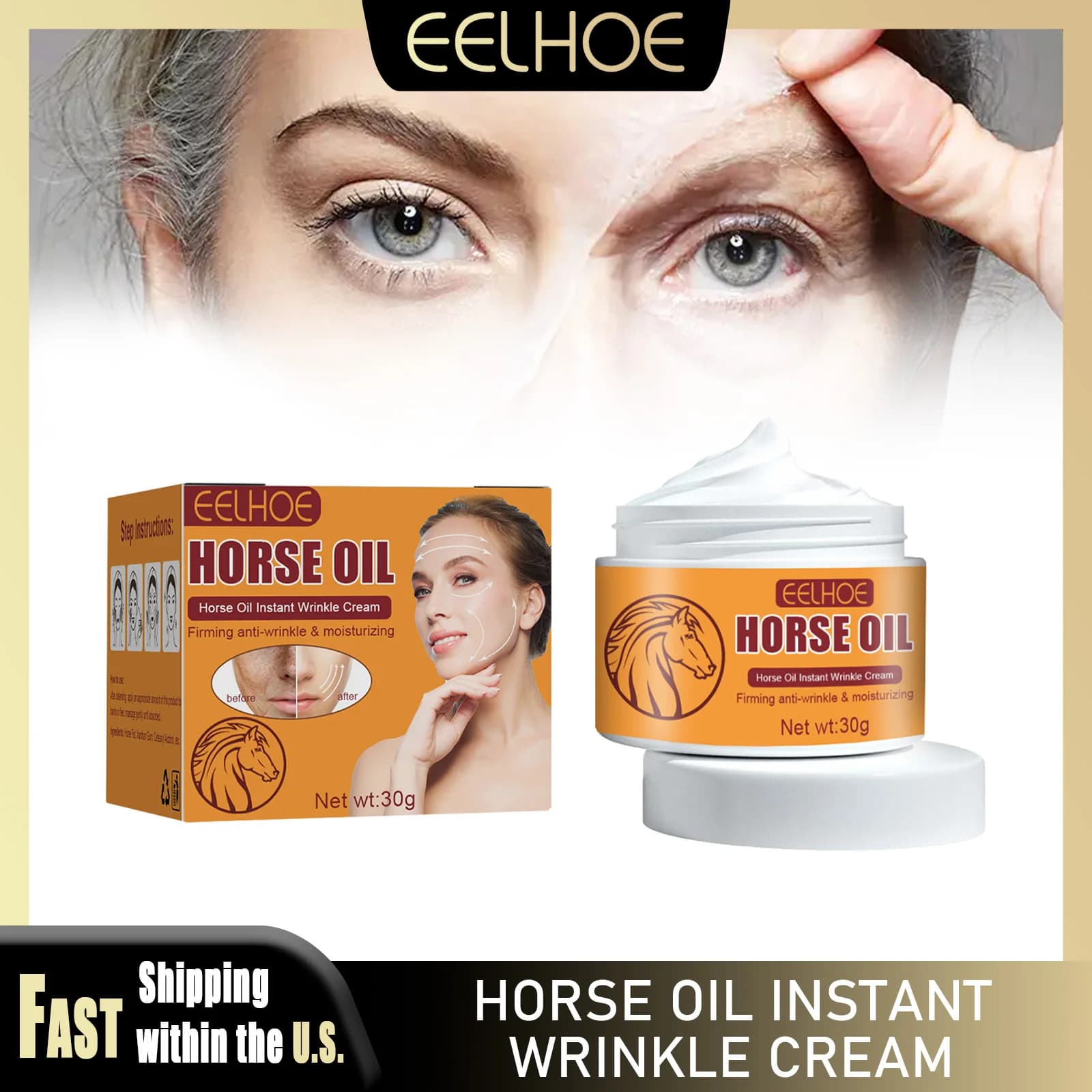 EELHOE 30g Horse Oil Instant Cream Rugs Anti Aging Collagen Moisturizing Leather Buckle Lifting String Face Slim Lines Skin Care