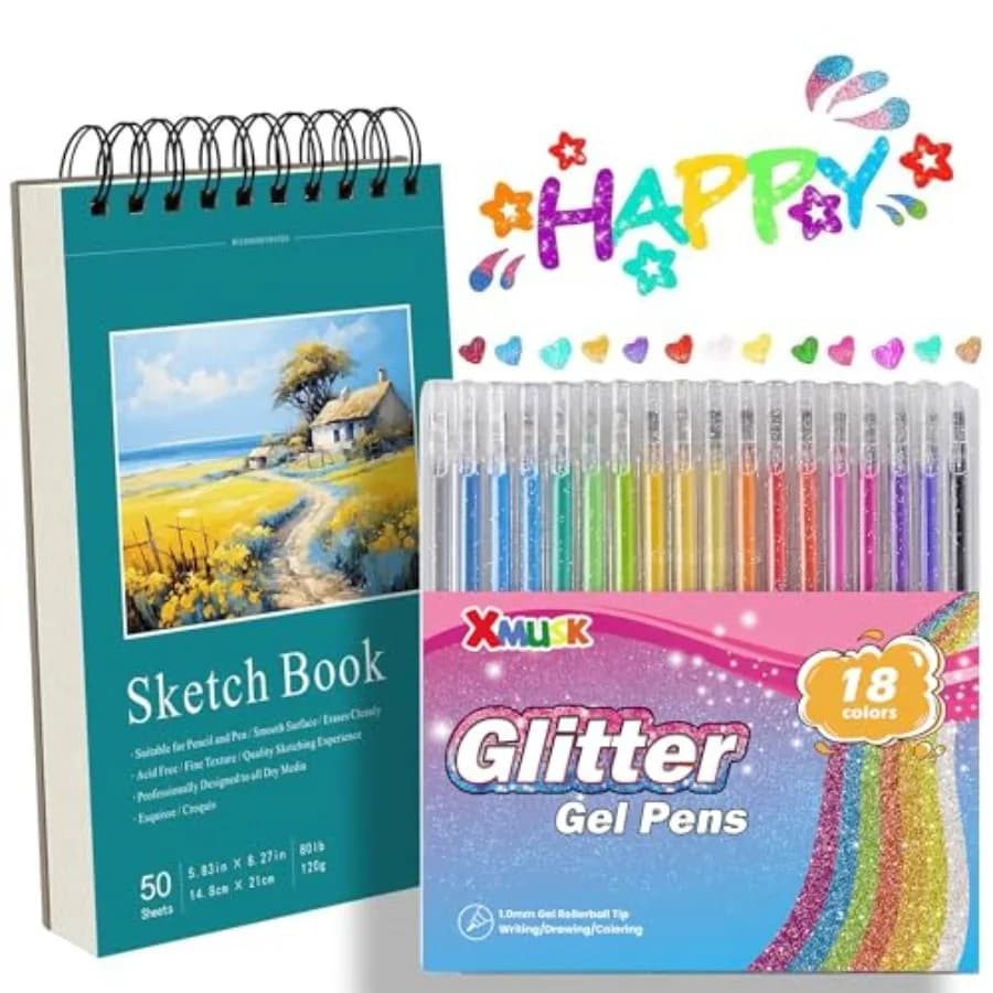 s Glitter Gel Pens with A5 Sketchbook 50 Sheets 120gsm,Sparkling Gel Markers for Adult Coloring Book, DIY Crafts, Scrapbooking,