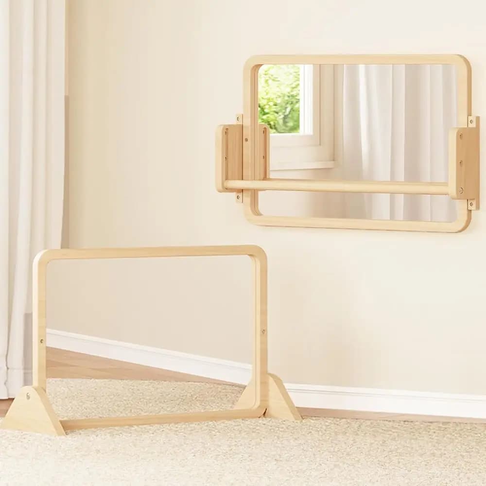 Specchio Montessori 3-in-1 con Barra, Specchio Regolabile per Bambini e Barra per Trazioni, Giocattolo Educativo Montessori per Neonati 6-18 Mesi, Specchio per Cameretta