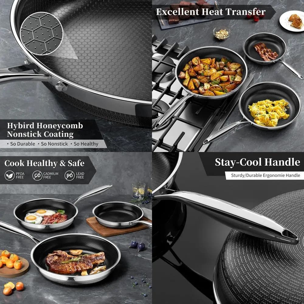 Set of triple stainless steel ceramic tile pans, kitchen pan in 3 pieces, 8, 9,5, 11, without PFAS/PFOA/PTFE, dishwasher and