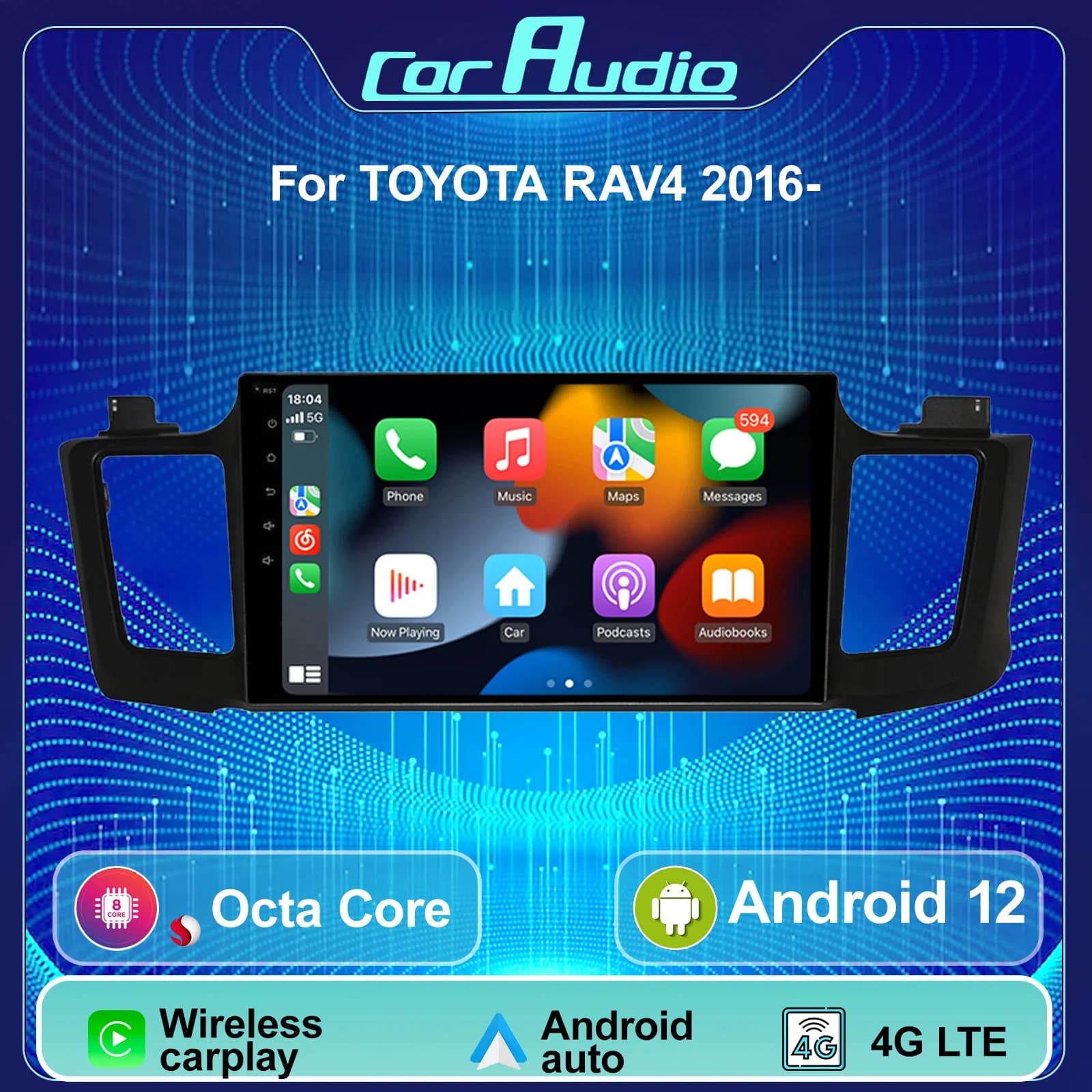 Lettore multimediale per auto Android da 10.1 pollici per Toyota RAV4 2013-2018 Navigazione GPS 4G LTE Wireless Carplay