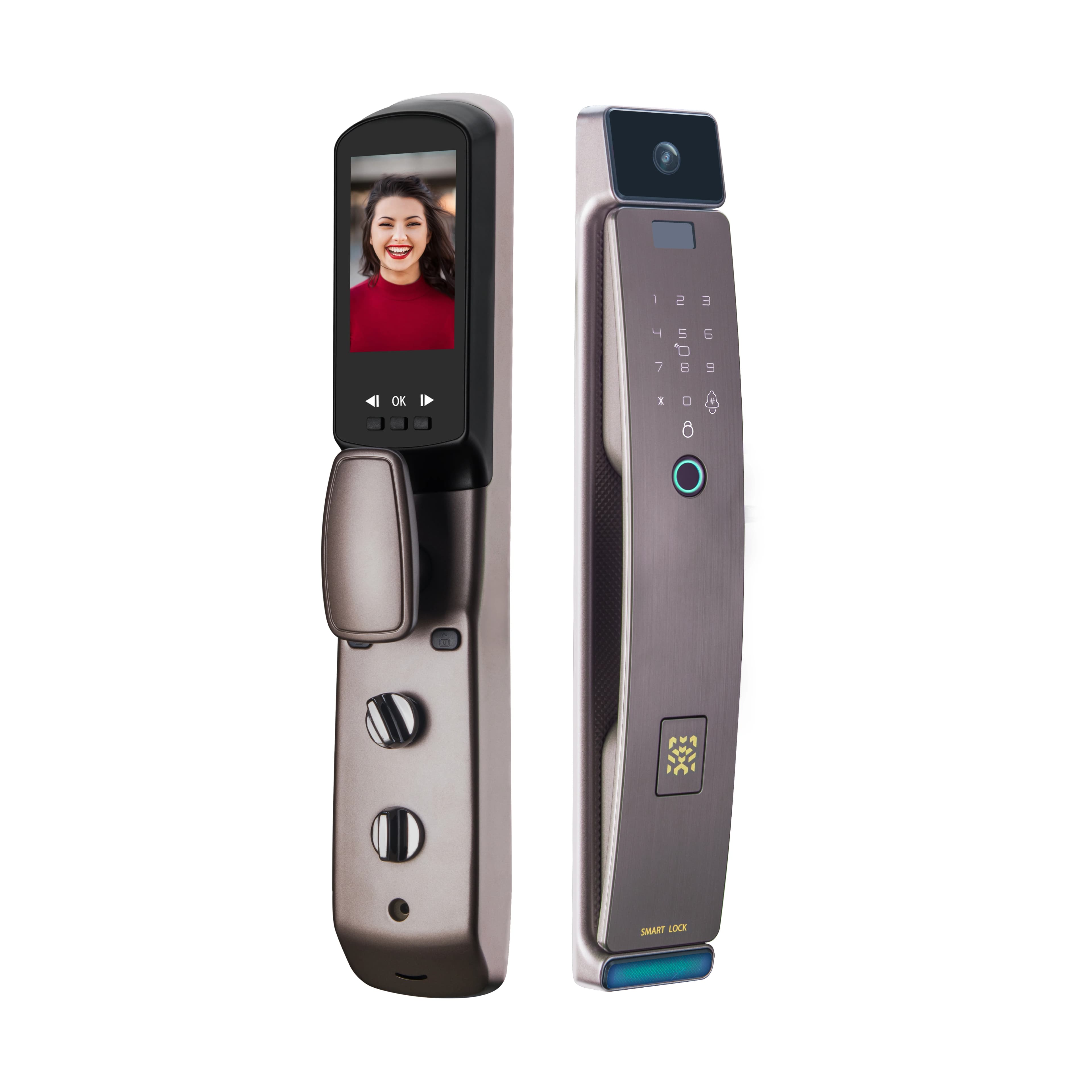 Nuovo arrivo Smart Door Lock in legno Riconoscimento facciale con impronte digitali WiFi digitale collegato Blocco automatico Telecamera connesso dati cloud