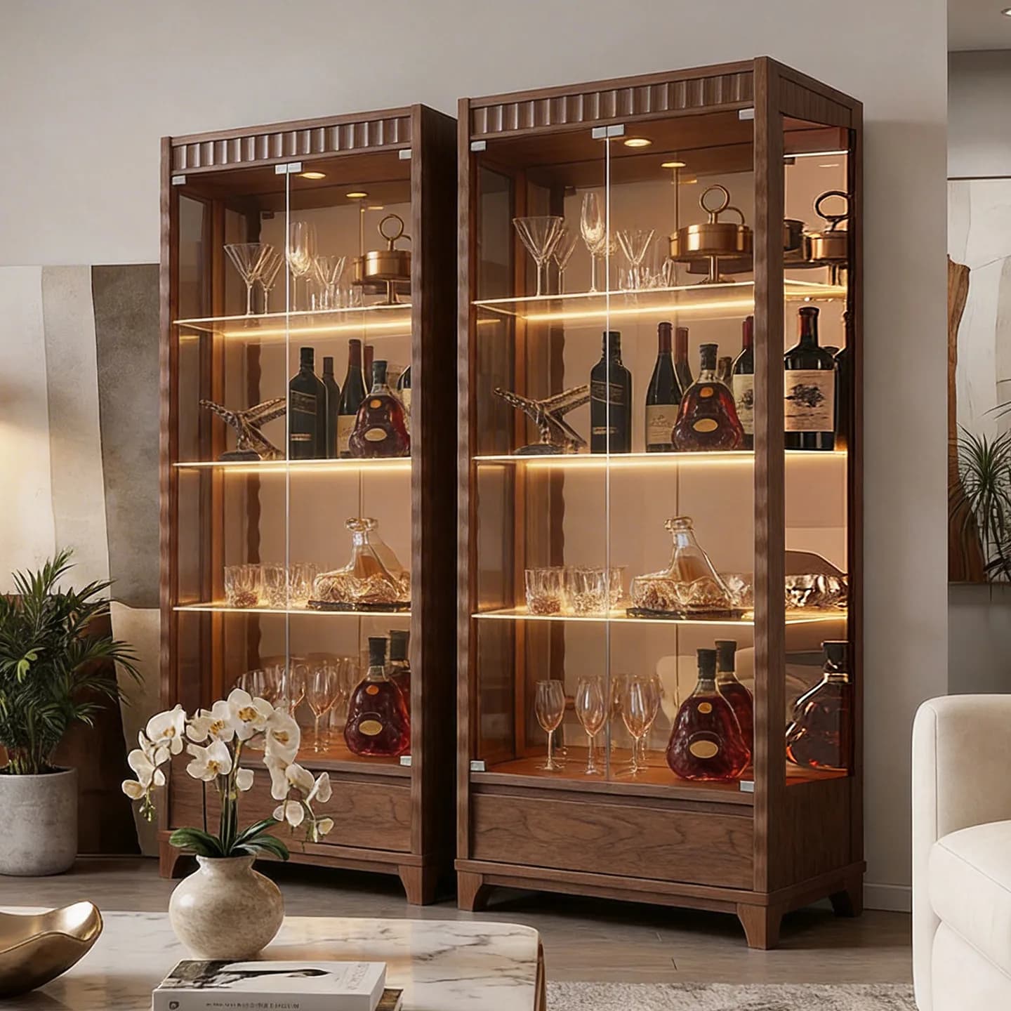 Solid wood wine cabinet integrated against the wall new new Chinese glass door wine cabinet