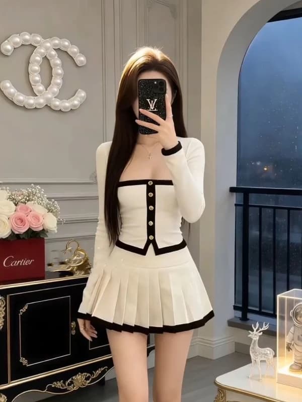 Elegant High Waist Midi Skirt And Blouse Set for Women in Spring Autumn with Color Block Square Collar Fashionable Two Piece ...