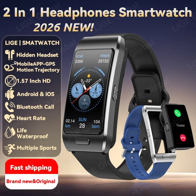 LIGE Earbuds Bluetooth Headset Smartwatch Men Women GPS Sports Tracker Music Watch Waterproof Smart Watch ECG Health Monitoring