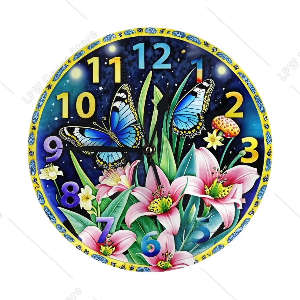 Romantic mushroom-shaped wall clock, butterfly, flower, silent, without ticking, wall clocks, battery, home kitchen decoration