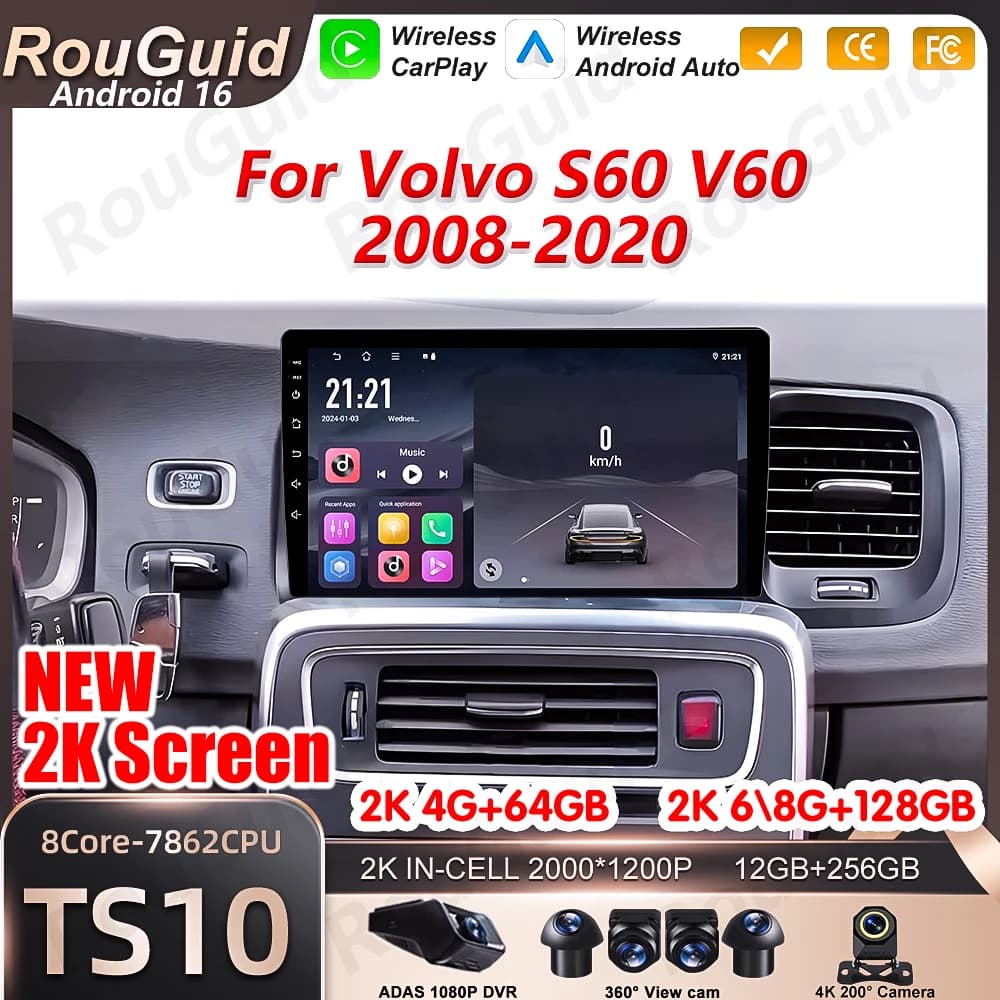 Autoradio Android 16 con Carplay per Volvo S60 V60 2008-2020, Lettore Multimediale 5G Wifi, BT, GPS, Stereo DSP