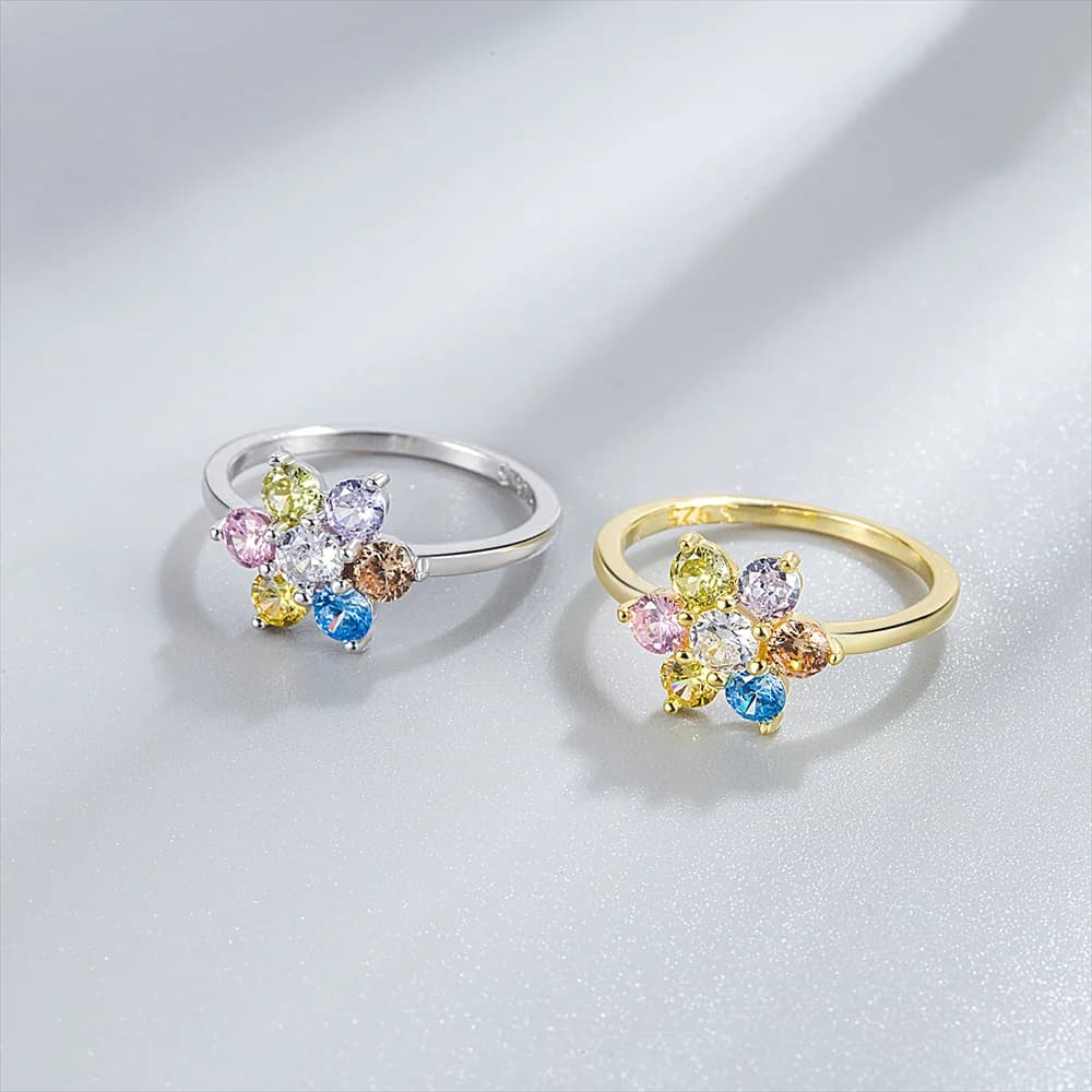 Anello coreano in argento sterling S925, fiore con zirconi arcobaleno, anello da donna elegante e di lusso leggero