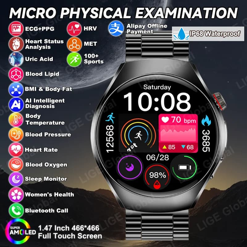 LIGE New Accurate ECG+PPG Smart Watch Heart Health Analysis Blood Fat Uric Acid Blood Pressure BT Call Smartwatch For Men Women