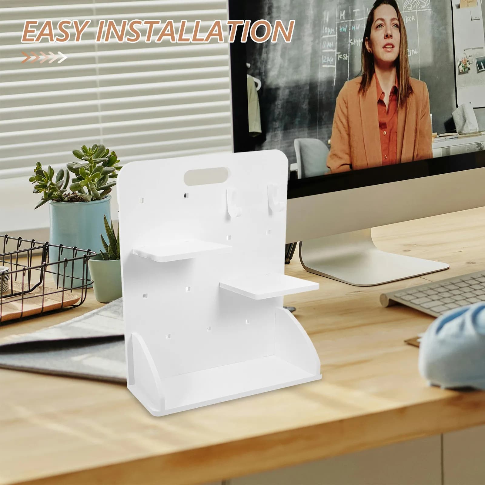 Set Organizzatore da Scrivania Verticale con Pannello Forato, Installazione Senza Foratura, Sistema di Archiviazione in PVC e Legno con Ganci per Spazio di Lavoro