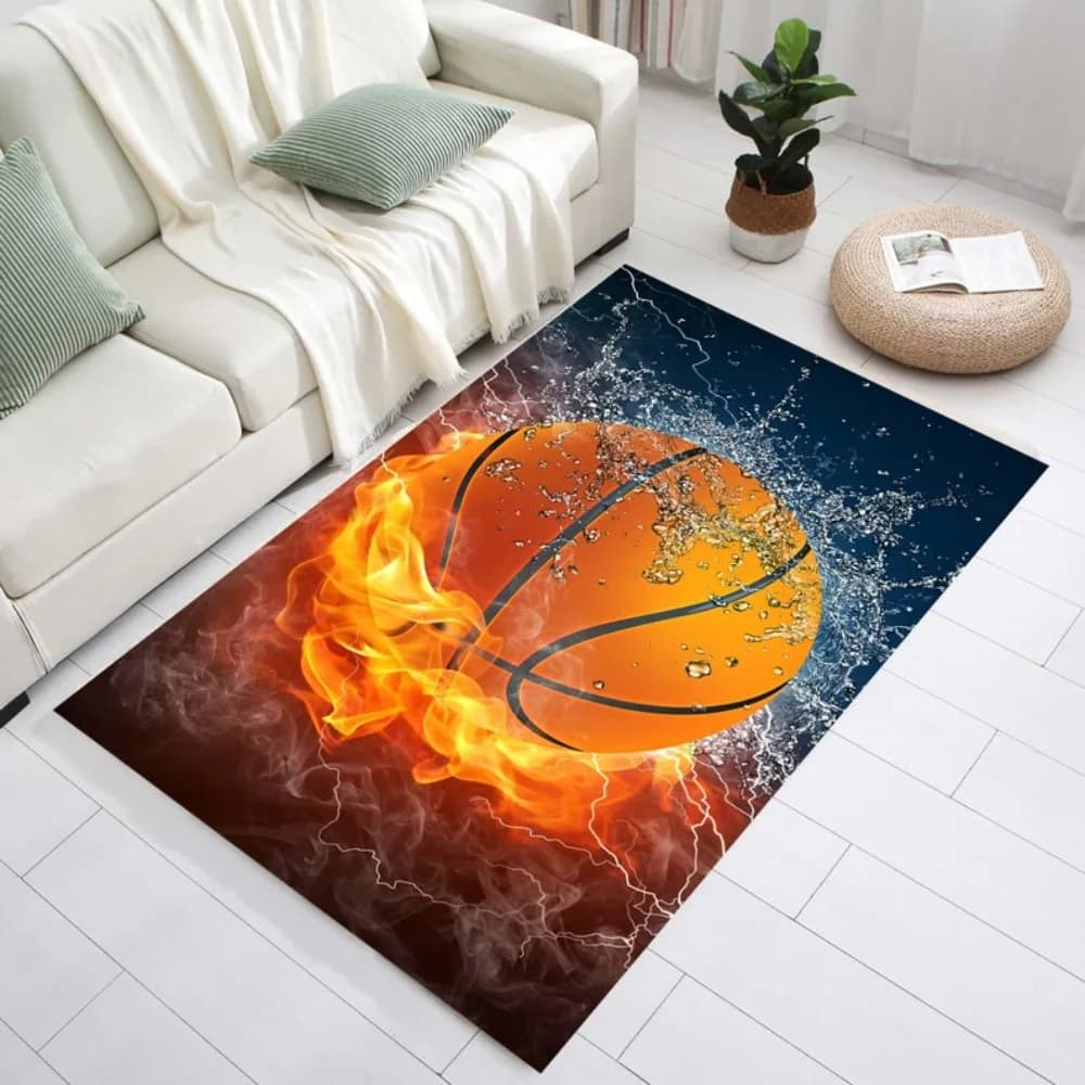 3D Fire Basketball Soccer Area Rug Cool Sports Print Carpet Non-Slip Floor Mat for Living Room Bedroom Man Cave Home Decor
