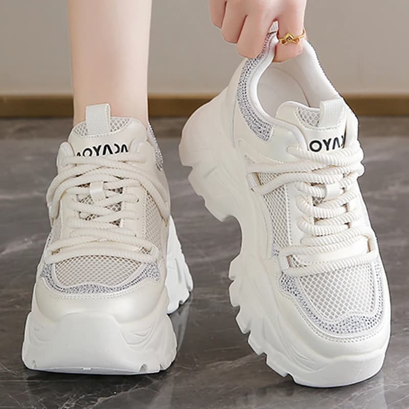 Shiny Crystal Comfort Mesh Chunky Sneakers Women Light Breathable Wedges Sneakers Woman Thick Sole Non Slip Platform Casual Shoe