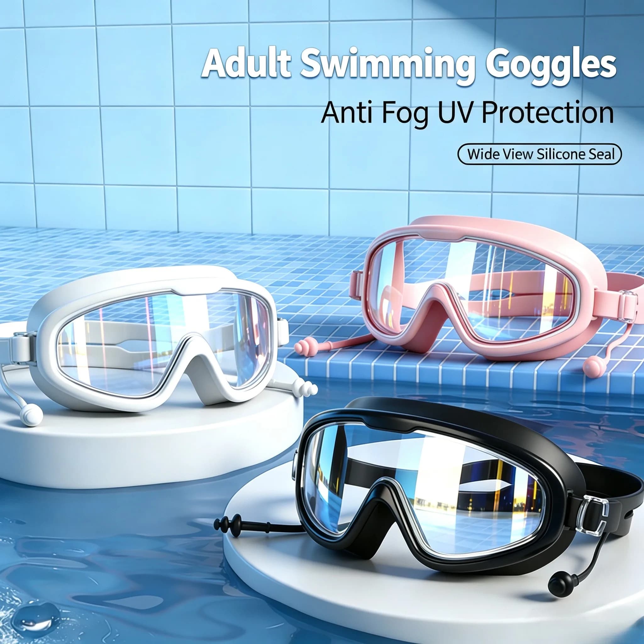 Adult Large Frame Swimming Goggles Anti Fog UV Protection Myopia Clear Mirrored Lens Silicone Swim Glasses Built‑in Earplugs