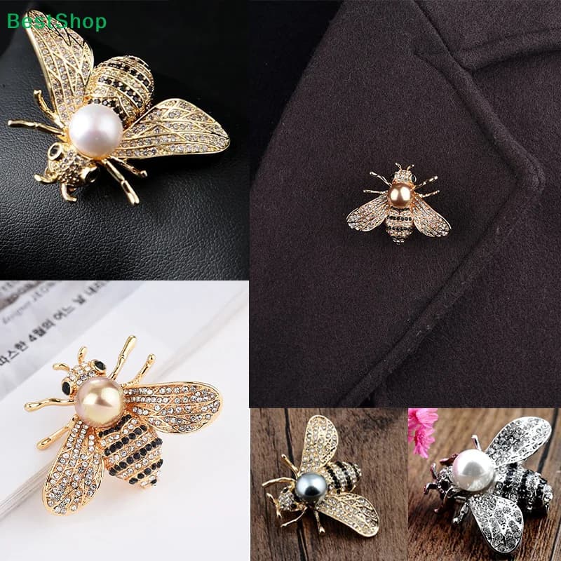 ♥Bee Shaped Brooch, Gold Plated Pearl & Rhinestone Inlaid Lapel Pin for Women's Coat, Scarf, Wedding & Daily Jewelry