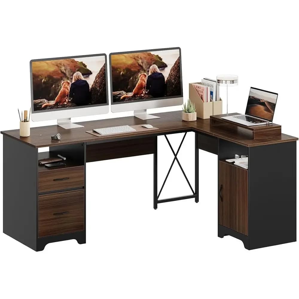 Scrivania a L con cassetti, scrivania per computer da ufficio 63 x 47 con armadietto portaoggetti, supporto per monitor e pannello elegante per l'home office, Ch