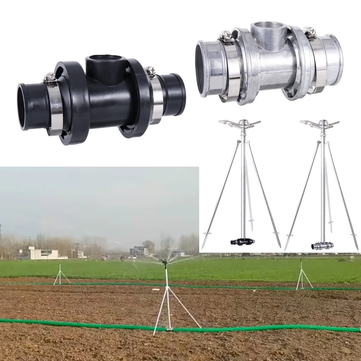BSP female threading from 1 "to 2" water pipe Joint 3-way quick release with fixed clip Connection for tripod for garden irrigation 1 piece