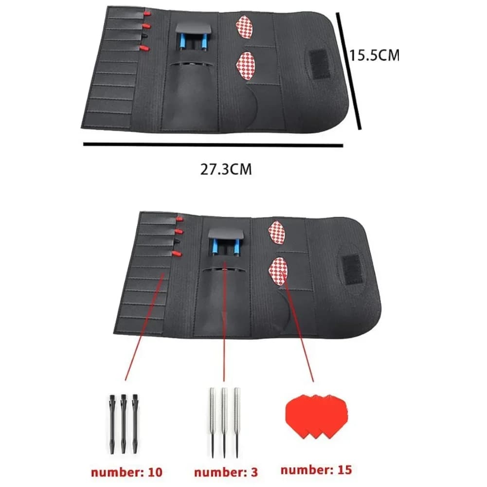 PU leather darts accessory pouch with dedicated tip compartments shaft slots and secure closure for compact transport