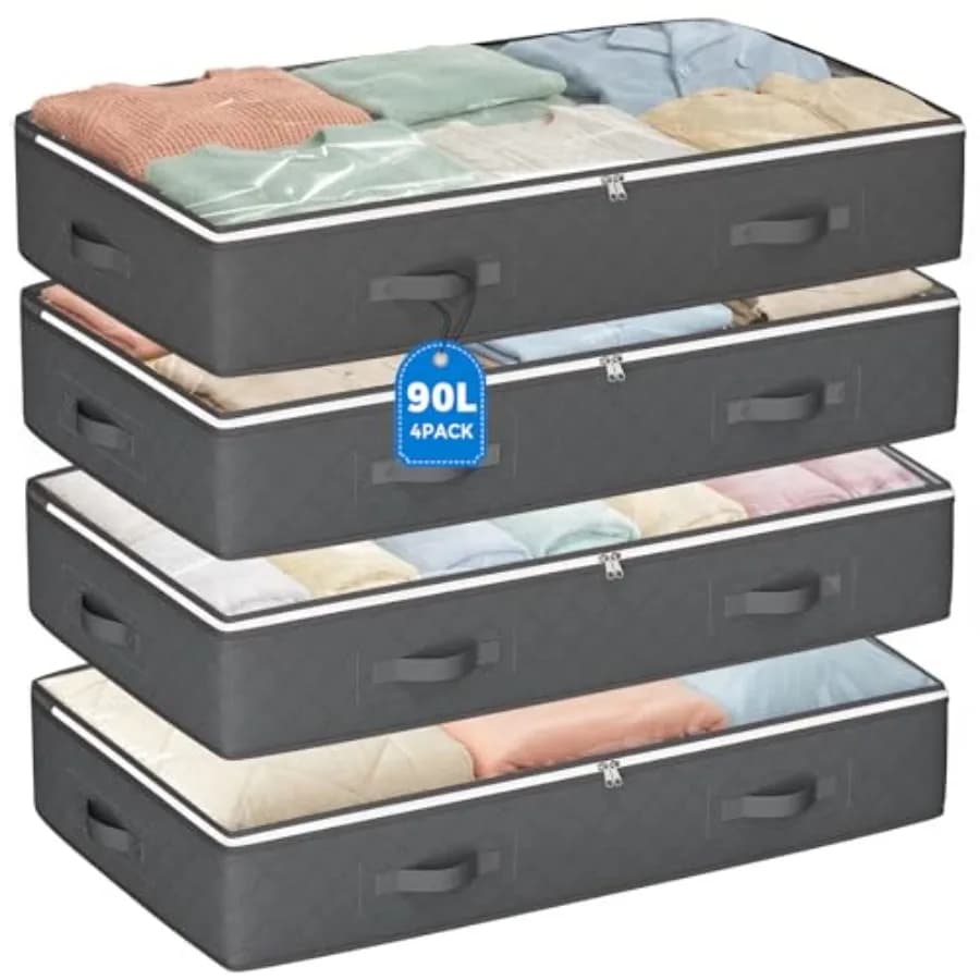 90L Under Bed Storage Containers, 4 Pack Closet Organizers Grey Foldable underbed storage bins for linen sheets, blanket, cloth