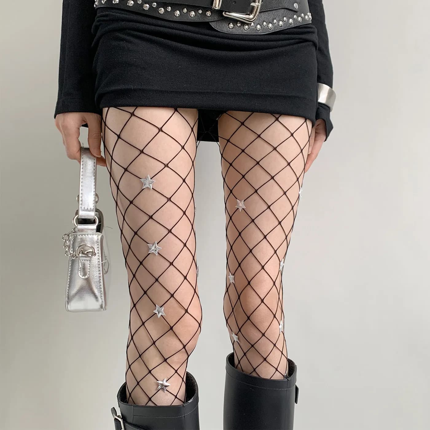 Calze a Rete Stile Y2K American Spicy Girl con Stella Dorata, Sexy Punk Goth Street Style, Collant Traforati Stile Harajuku
