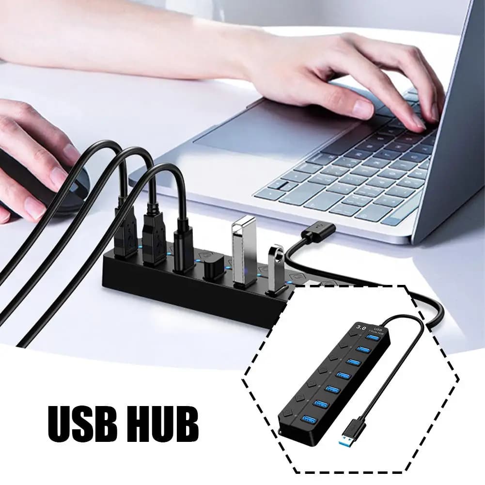 Hub USB 3.0 a 7 Porte con Adattatore di Alimentazione, Splitter USB, Hub Multiplo con Interruttore, Cavo da 30CM, Stazione di Docking