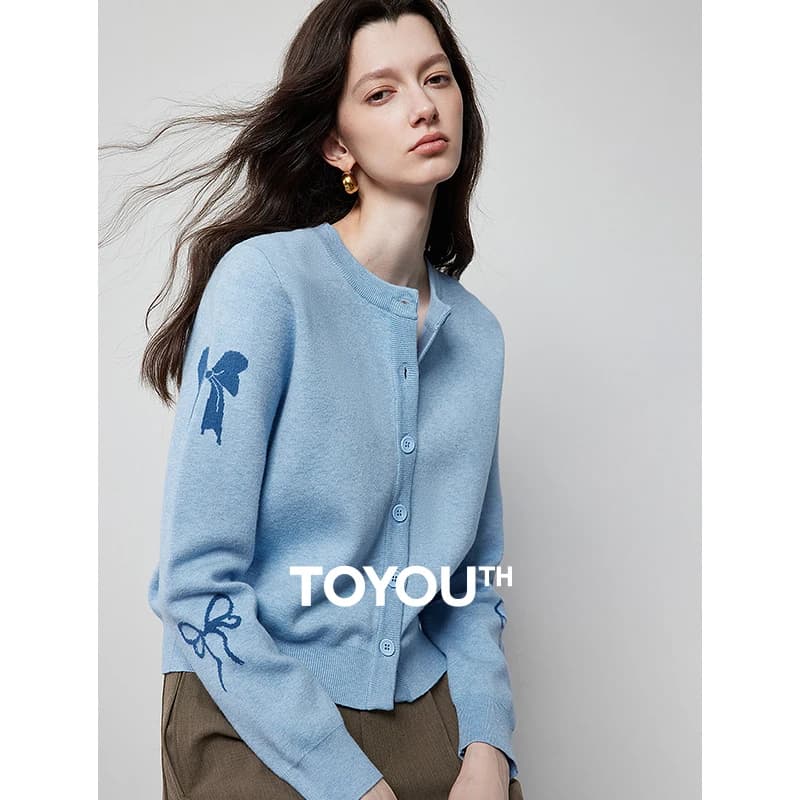 TOYOUTH Cardigan in maglia da donna 2024 Autunno Nuovo fiocco Jacquard manica lunga girocollo monopetto maglione con bottoni Top