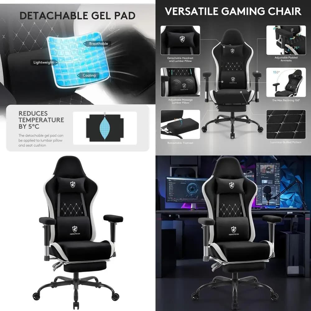 Sedia da Gaming in Tessuto Traspirante con Poggiapiedi, Supporto Lombare Massaggiante, Cuscino in Gel, Reclinazione Ergonomica, Braccioli Regolabili, Nera