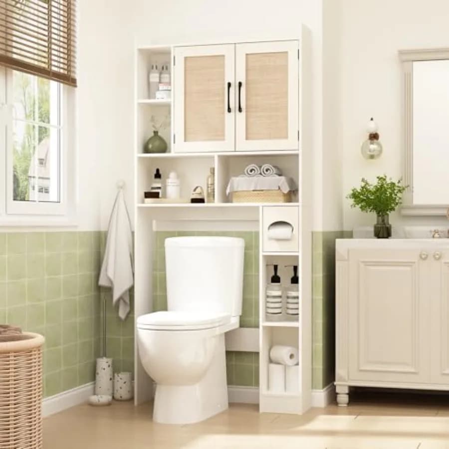Mobiletto portaoggetti Boho da posizionare sopra il WC con 2 ante, ripiani regolabili, scaffale moderno in rattan sopra il WC con porta carta igienica