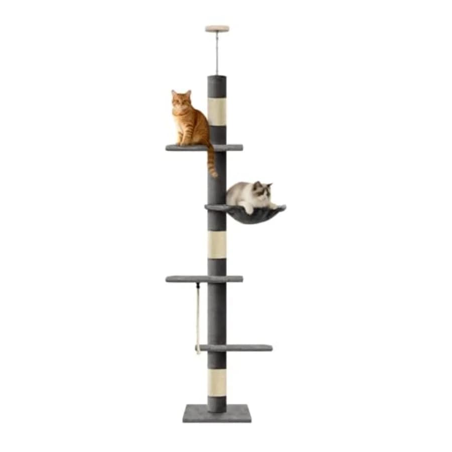 Albero per gatti a 5 livelli da terra a soffitto con amaca accogliente, altezza regolabile 89-109 pollici, tiragraffi in sisal, grigio scuro, offre verticalezza