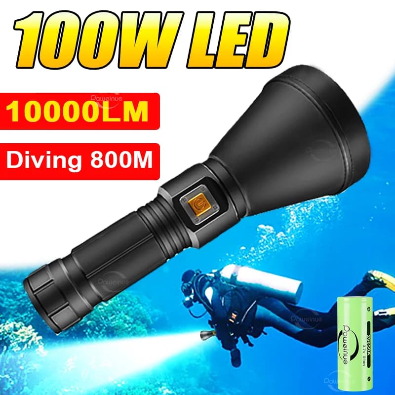 Potente torcia subacquea professionale 100W subacquea IPX8 Torcia subacquea impermeabile Forte luce Scuba Diving Torcia elettrica Pesca