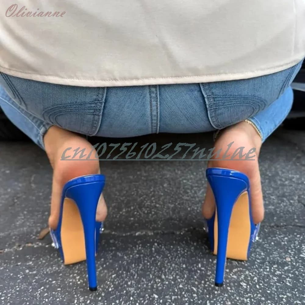 Nuovo Blu Scuro Glitter Cristalli Cintura Decor Pantofole Tacco Alto A Spillo Partito Moda Sexy Estate Scarpe Da Donna Zapatos Para Mujere