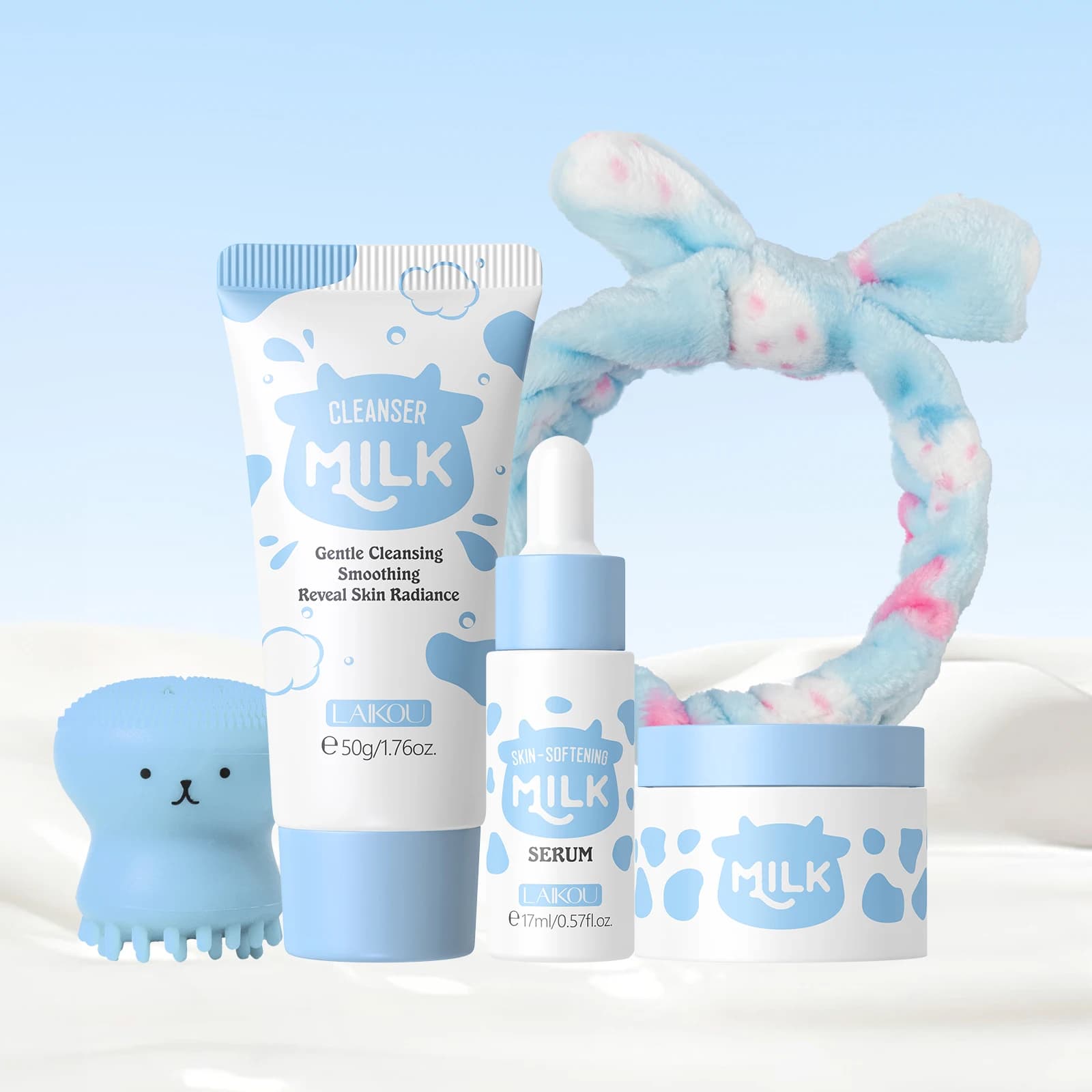 LAIKOU Set per la cura della pelle al latte Siero ammorbidente Crema idratante Detergente delicato Kit da viaggio per idratazione schiarente