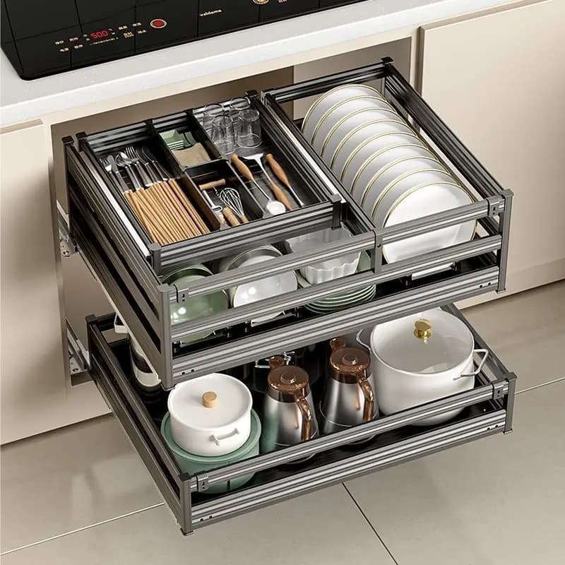 Armadi da cucina estraibili Cestini Stile cassetto Ciotola Piatto Cestini portaoggetti Organizzazione Scaffale da cucina a tre strati Addensare