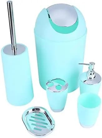 Set di accessori da bagno verde menta da 6 pezzi: bicchiere, portaoggetti, dispenser per sapone, portasapone, cestino per rifiuti, spazzola per WC