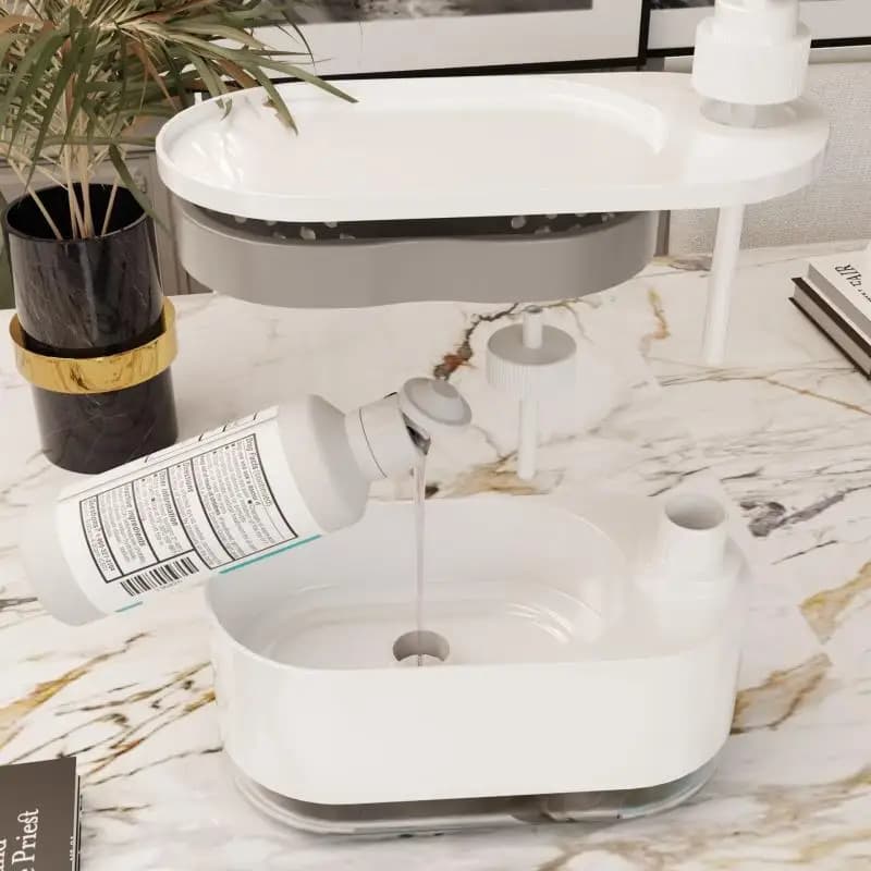 Dispenser di sapone doppio con supporto per spugna Pressa manuale Scatola di sapone Dispenser di sapone per mani e piatti per dispenser di detersivo per lavello da cucina