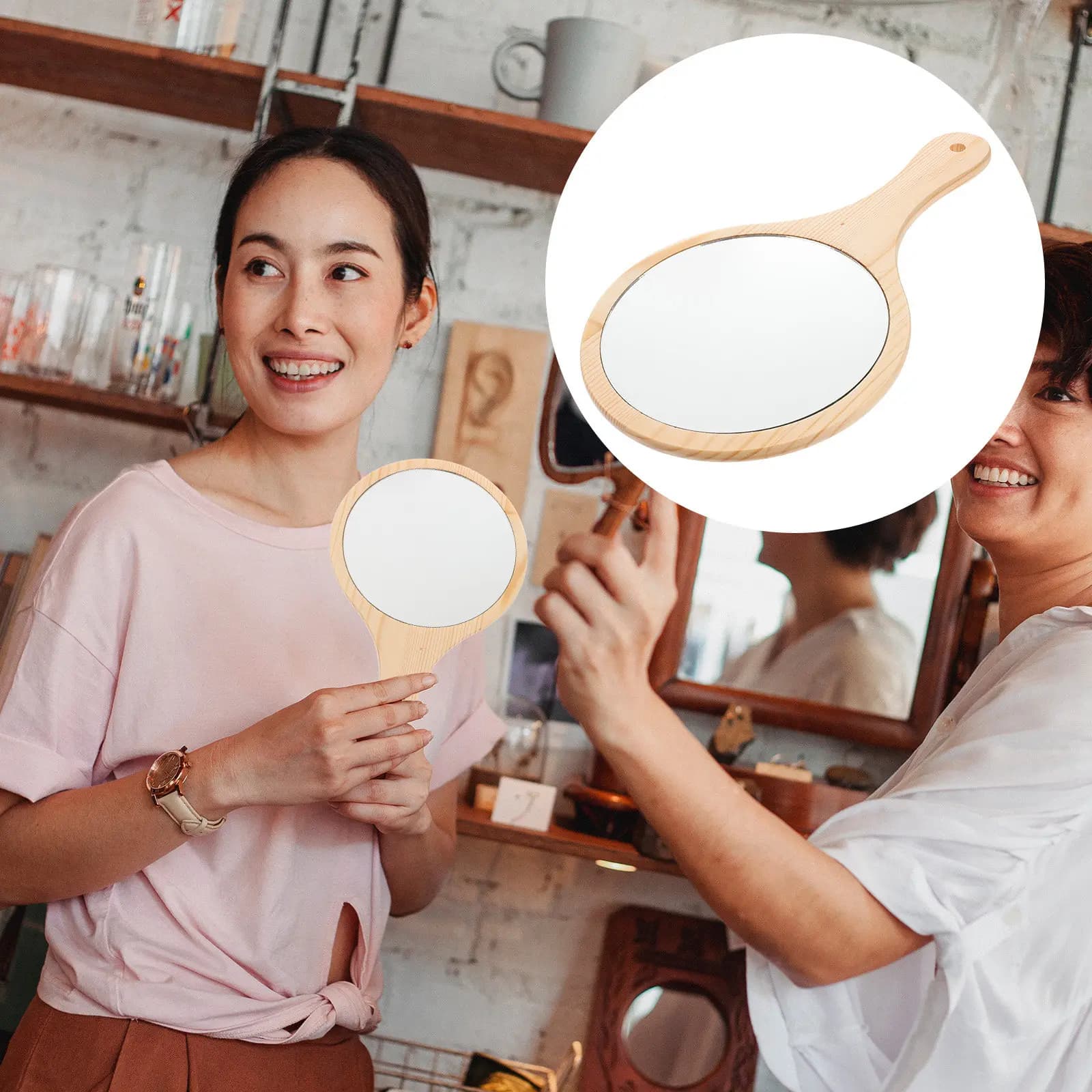 Specchio per il Trucco Portatile con Manico in Legno, Leggero e Compatto per Viaggi, Toeletta e Bagno